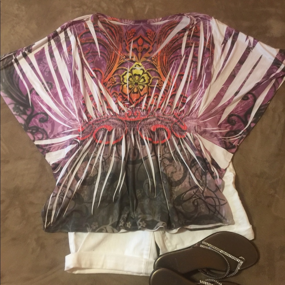 Colorful stretchy bat sleeve top - small